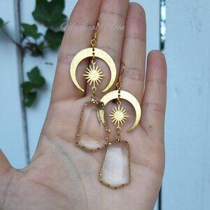 Elegant Crystal Glass Dangle Earrings with Crescent Moon and Star Whimsigoth